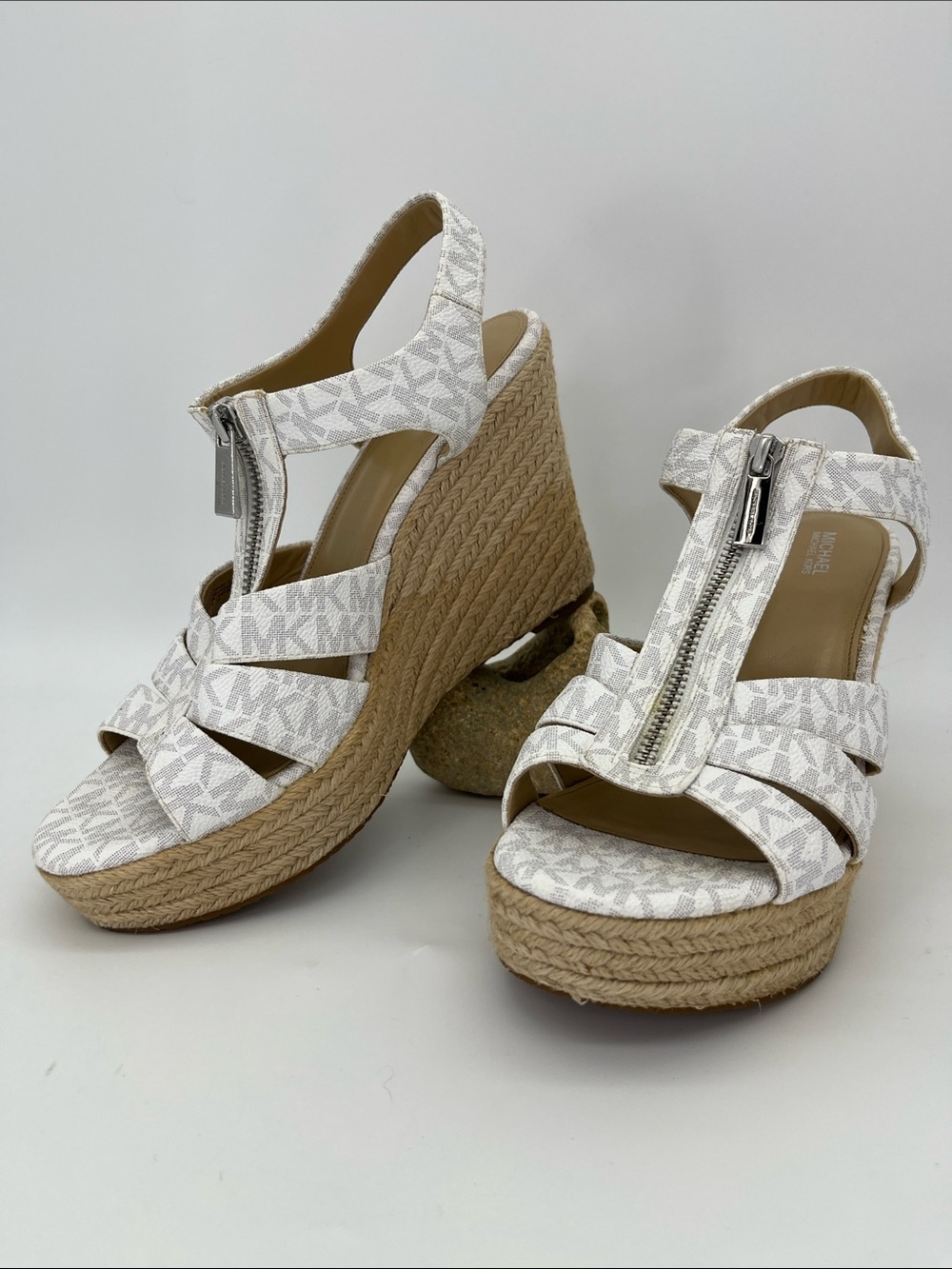 Michael Kors White MK Logo Espadrille Wedge Sandals